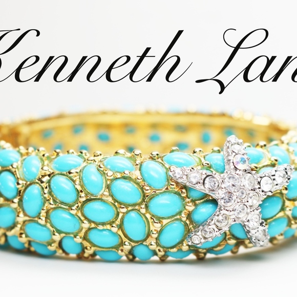 ⚜️ Vintage Kenneth Jay Lane Crystal Starfish Turquoise Cabochon Bracelet - Picture 6 of 16